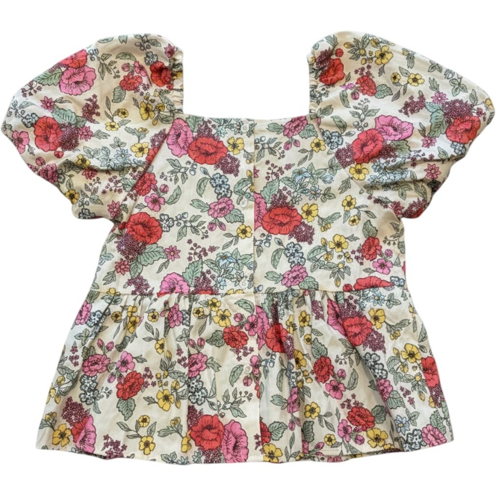 Btween Girls Floral Puff Sleeve Peplum Top Cream Pink Size 10 Button Back Blouse